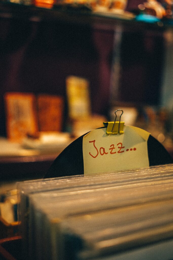 A close-up of vinyl records labeled 'Jazz' in a Wiesbaden music shop, evoking a vintage vibe.